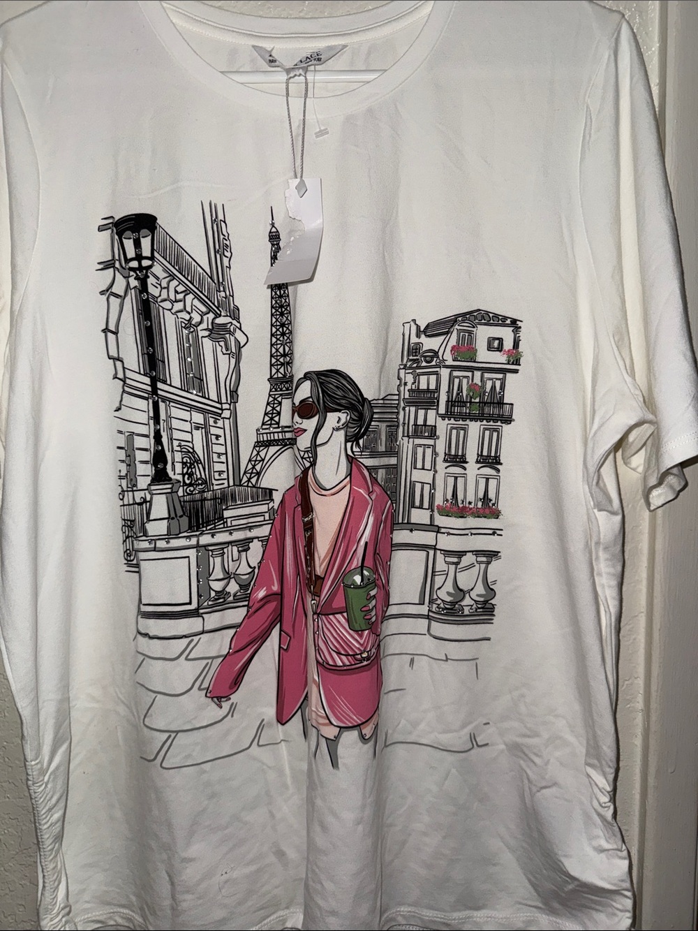 White Graphic Men’s Tee with Pink Illustration